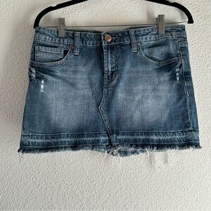 YASO Blue y2k Fringe Mix Metal Flap Embroidered Pockets Denim Skirt 7/8 29